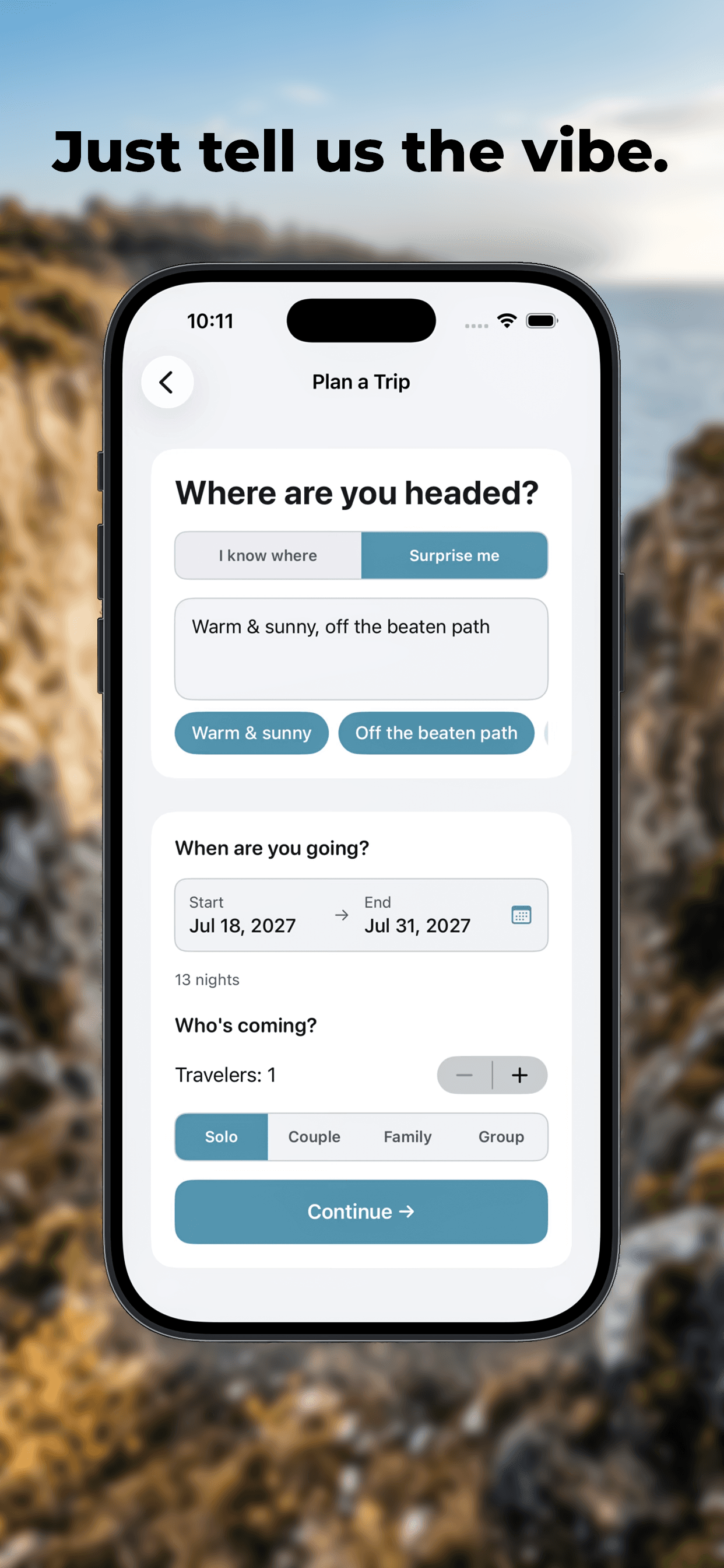 Gloap's Plan a Trip screen with a vibe-based destination input, date range, and traveler selector.