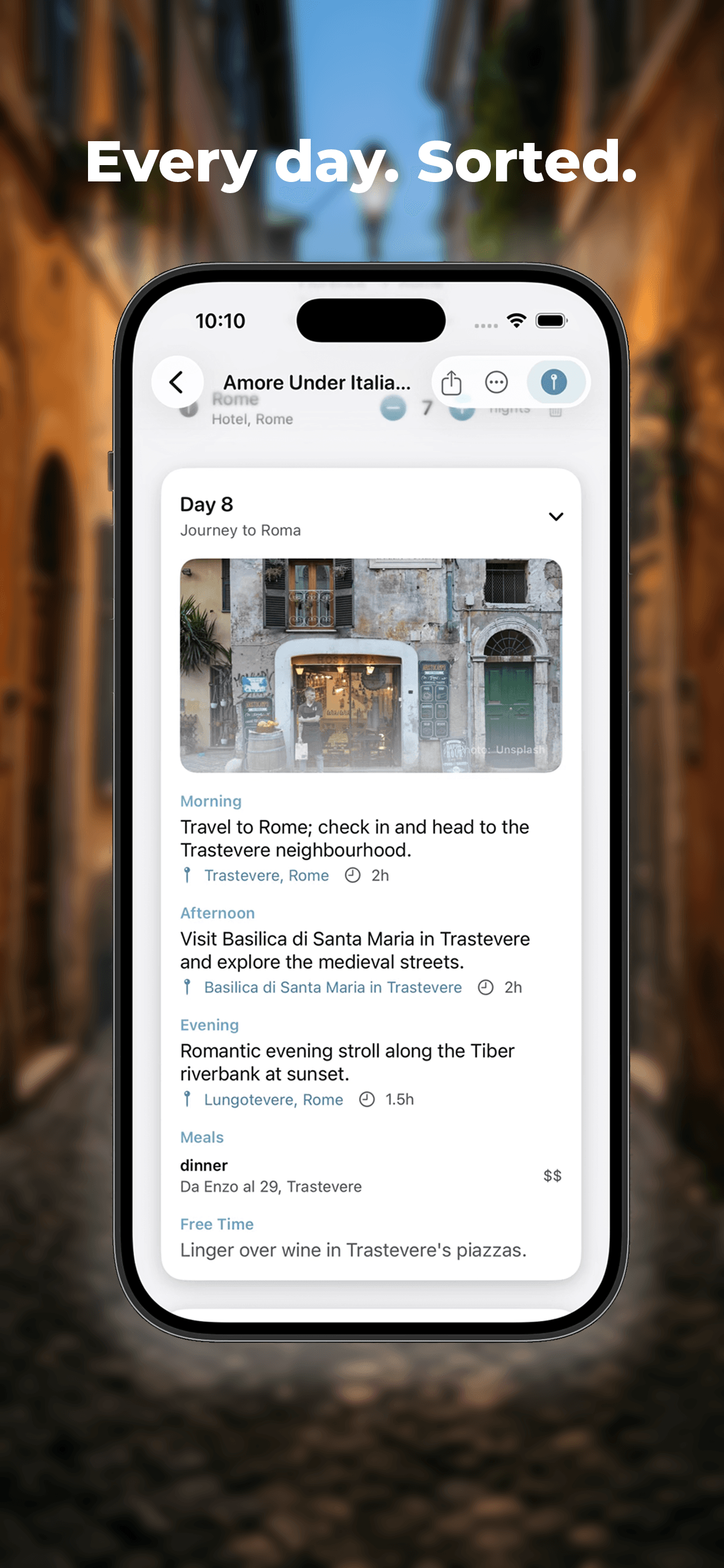 A single-day itinerary in Gloap showing morning, afternoon, and evening activities for Day 8 in Rome.