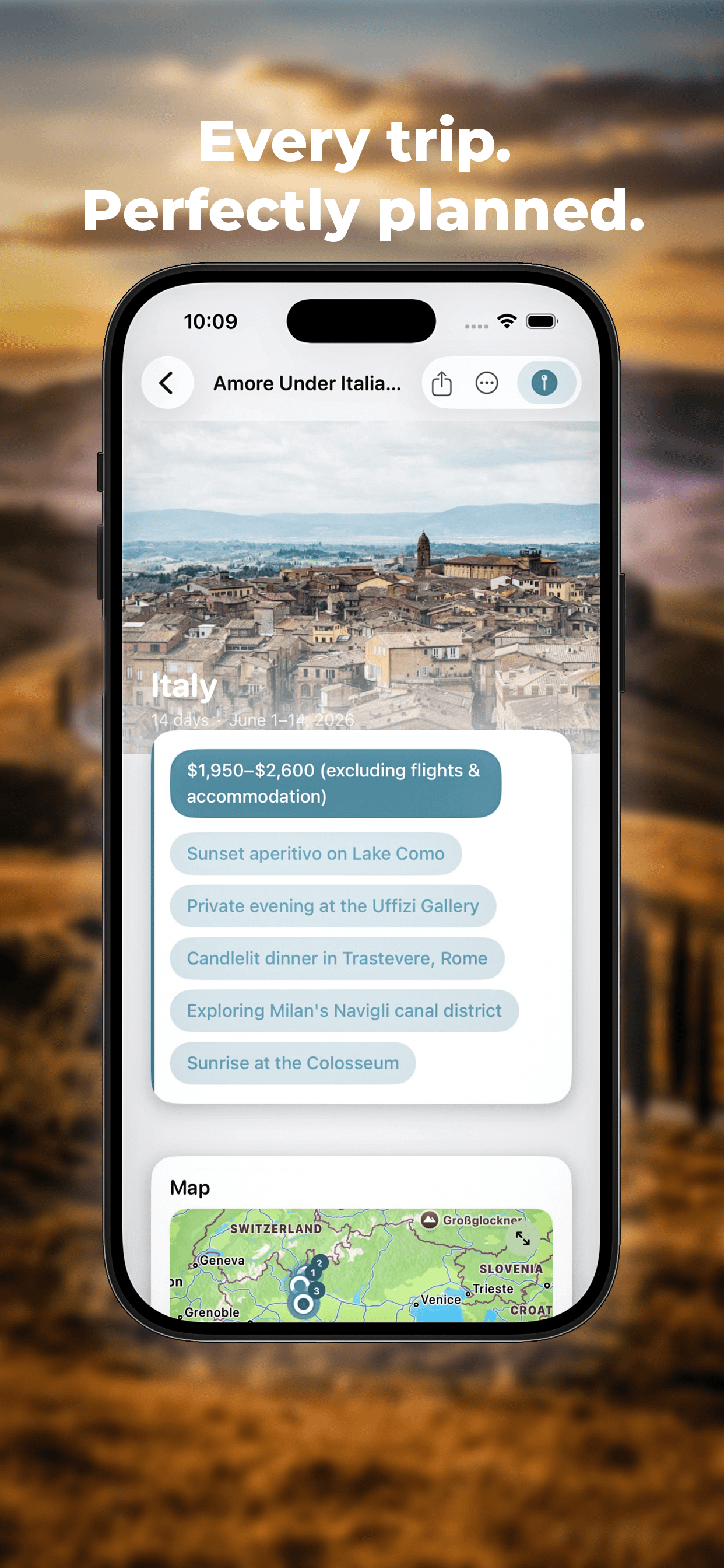 Gloap trip overview for an Italy itinerary, with budget range, trip highlights, and a route map.