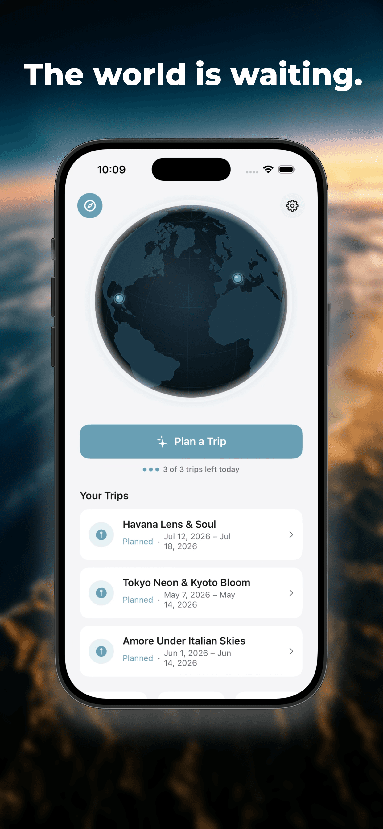 Gloap home screen with a 3D globe, planned trip pins, and a list of upcoming trips.