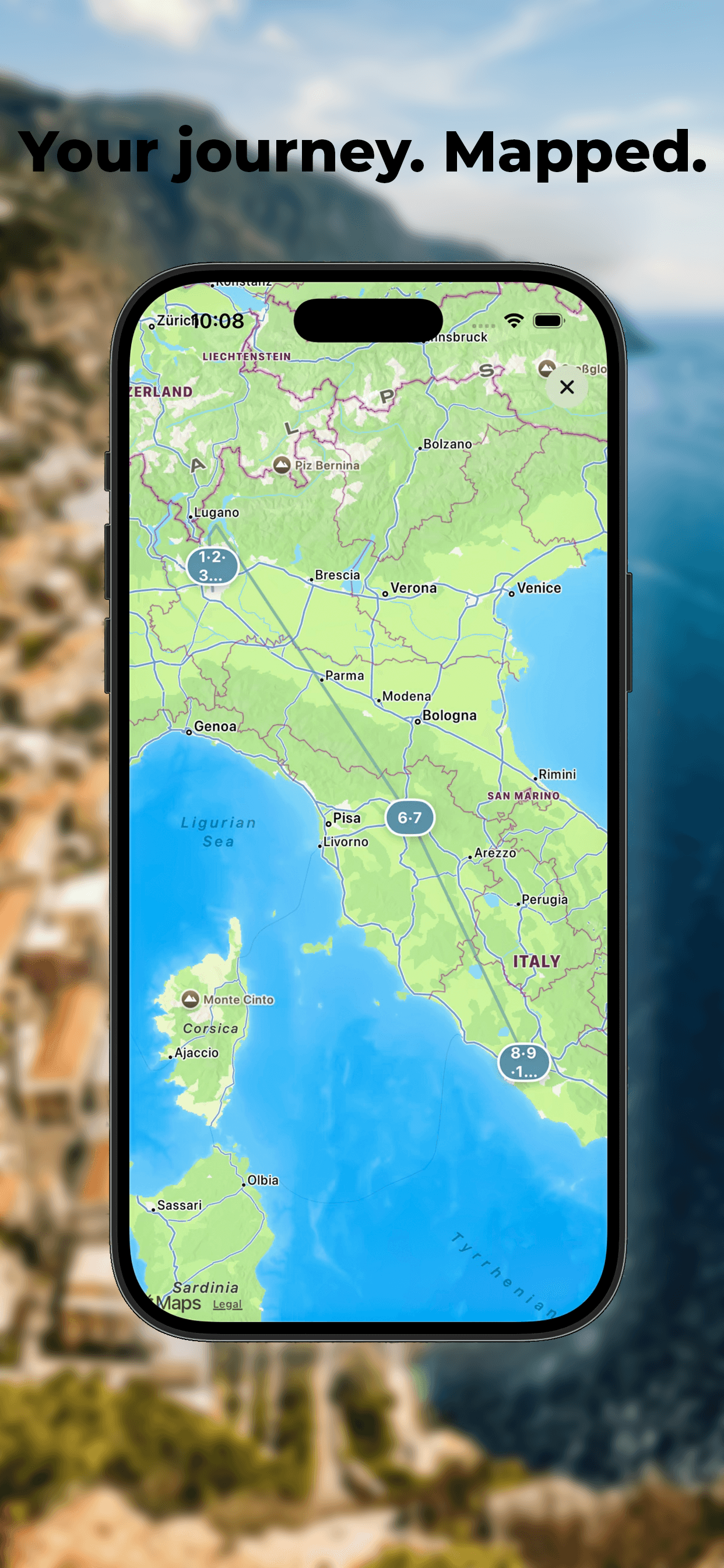 Map view of an Italian itinerary in Gloap, with numbered stops clustered along the route.