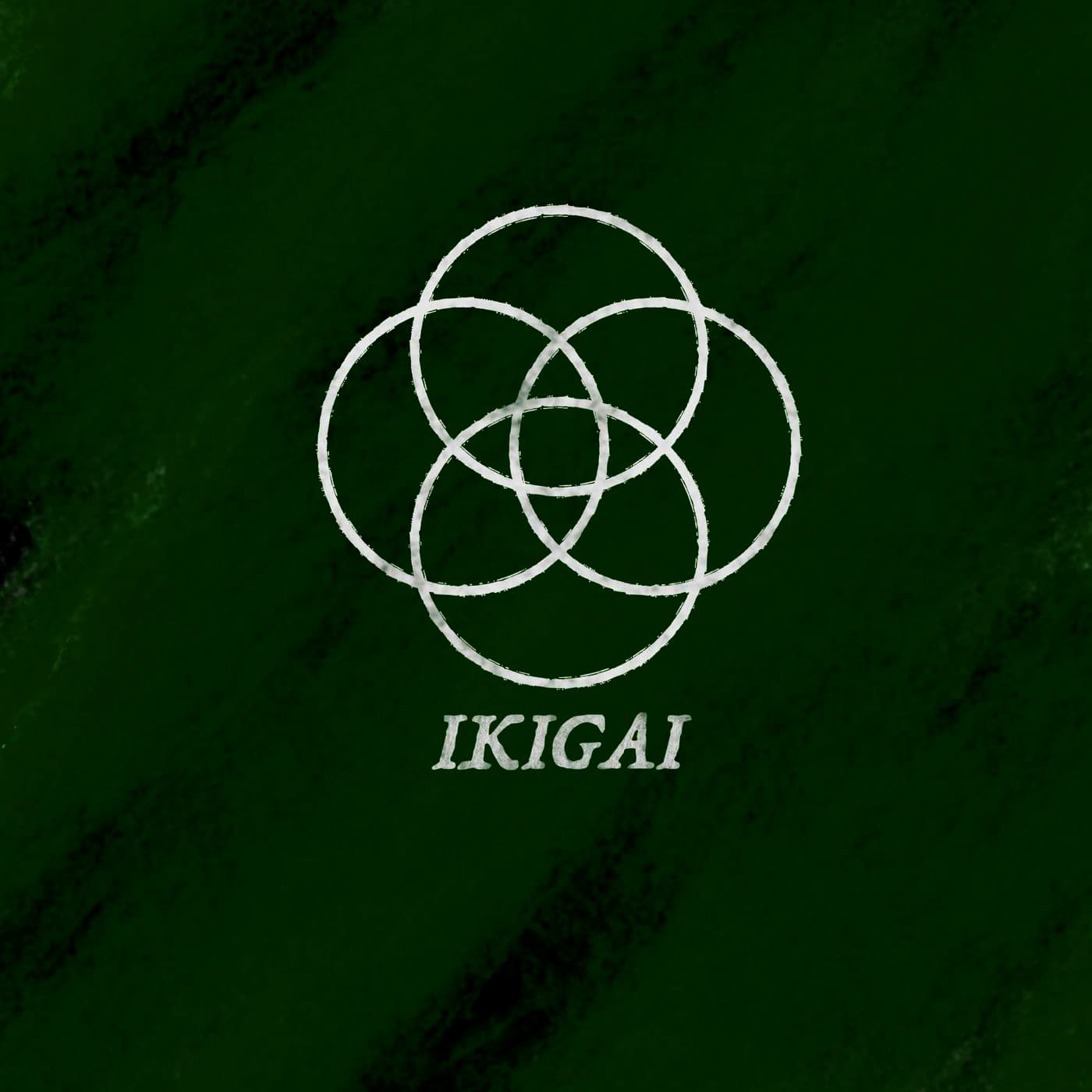 The Ikigai mark and serif wordmark in grey on a textured dark green background.